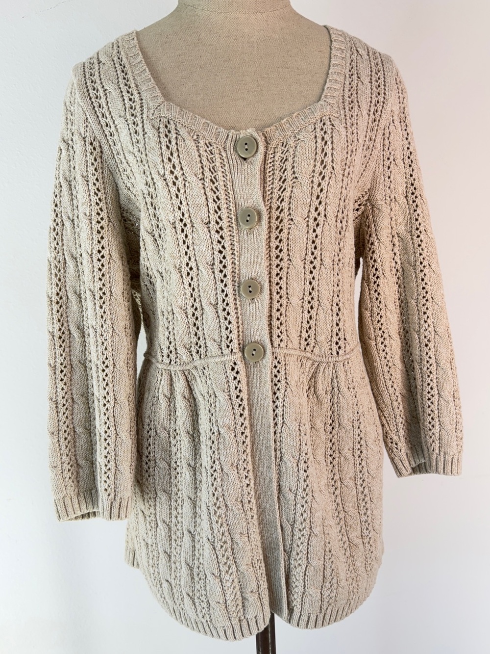 Vintage Light Tan Cable Knit Cardigan Sweater Top XL Boho Cottage 100% Cotton